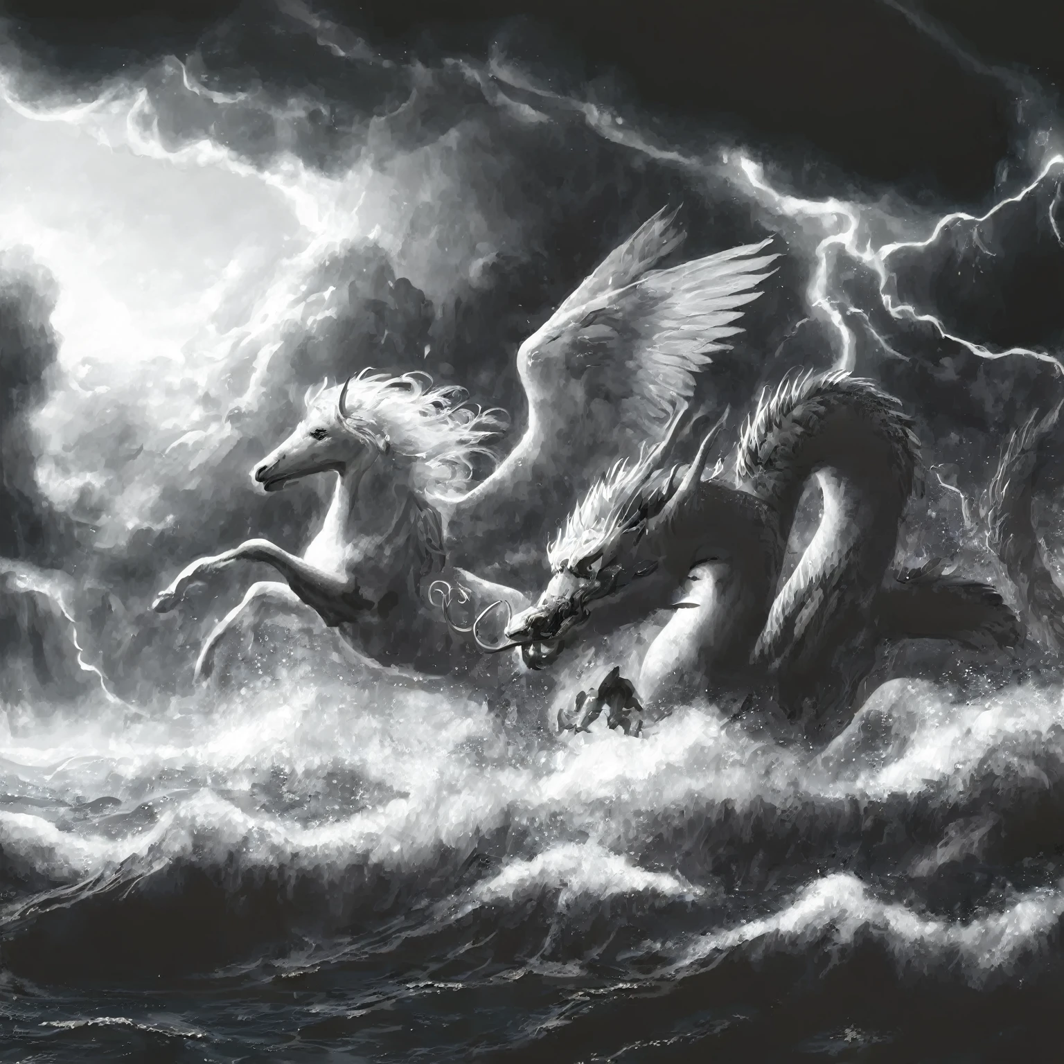 Black and white photo of a horse and a dragon in the sea, Mysterious Creatures, Ominous fantasy illustration, flying mythical beast, inspired by Gustave Dore, Godrays digital painting, Storm Dragon, author:Radi Nedelchev, author:Adam Marcinski, Jason Benjamin, Scylla and Charybdis, Fantasy digital art