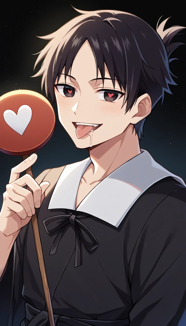 score_9, score_6_climb, source_anime, 1 man, alone, climbper body, Shinomiya Kaguya, conjunctivitis, black hair, black dress, white sailor collar,, Put your hand on your chin., Heart-shaped eyes, no pclimbils, smile softly, tooth, tsurime, black background , stick out your tongue, sexy, saliva, flirt, It has black wings., Hakama style kimono