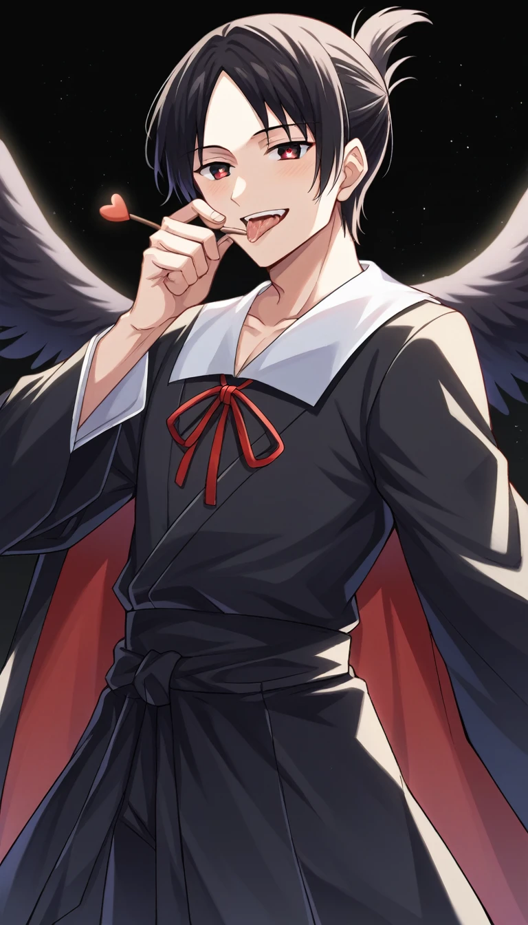 score_9, score_6_climb, source_anime, 1 man, alone, climbper body, Shinomiya Kaguya, conjunctivitis, black hair, black dress, white sailor collar,, Put your hand on your chin., Heart-shaped eyes, no pclimbils, smile softly, tooth, tsurime, black background , stick out your tongue, sexy, saliva, flirt, It has black wings., Hakama style kimono