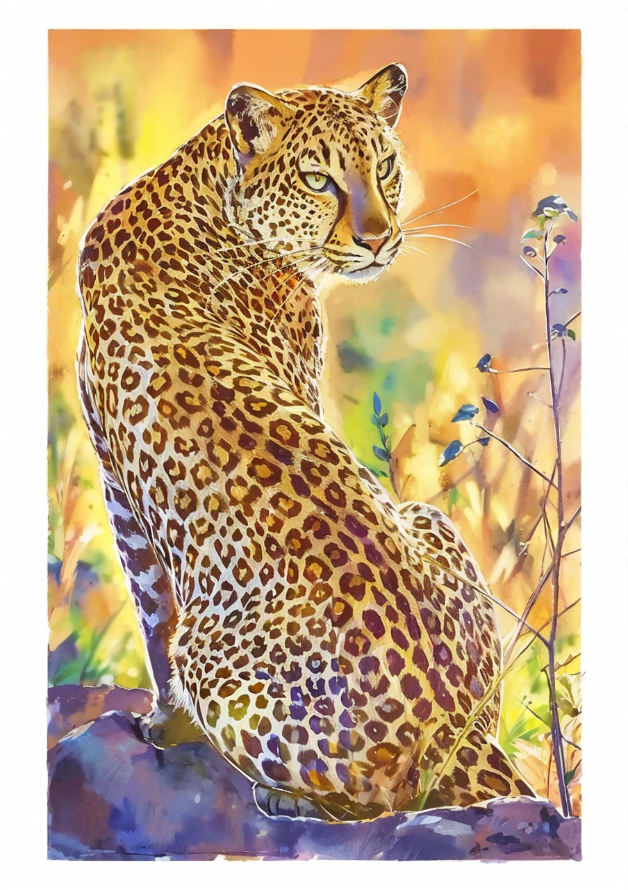 a cheetah sitting on a rock in the savana watercolor painting style realistic illustration sharper