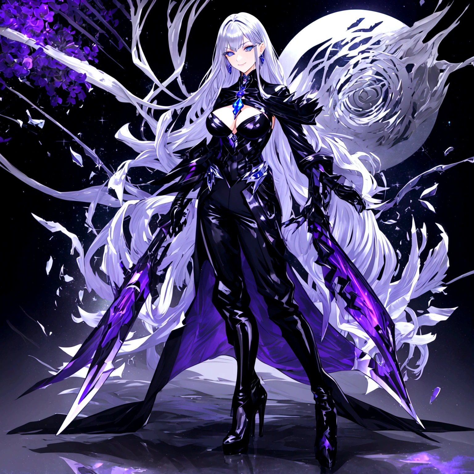 Guy, beautiful facial features, smile, squinted siren dark blue eyes without glare, silver and dark purple long loose hair with straight bang, fantasy black suit with blue and purple elements, long black gloves, model, gorgeous, elegant, lots of silver jewelry, flowers in his hair, pants, leather high heel boots