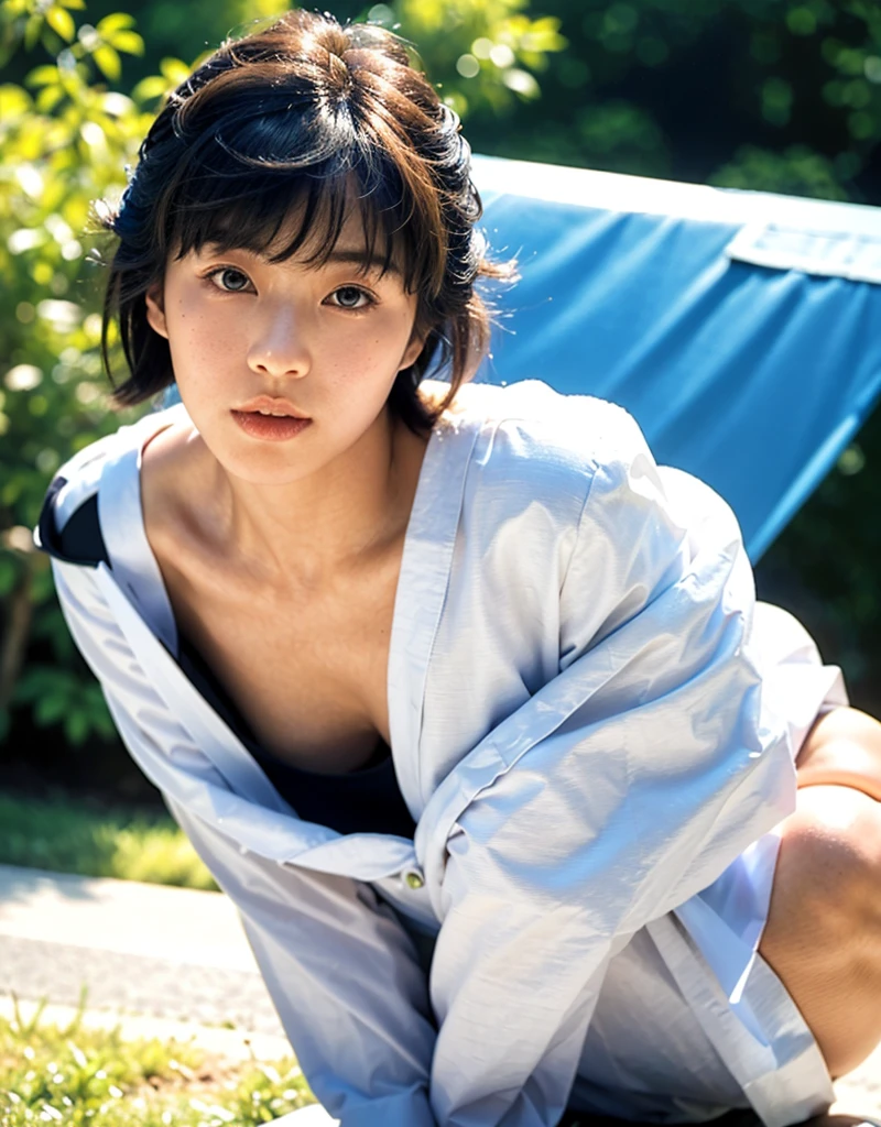 (Best quality, 8k, 32k, Masterpiece, UHD:1.2),Photo of Pretty Japanese woman,black short hair,beauty face,(leaning forward:1.3),squatting,(from above:1.2),(close up:1.4),pov,loose t-shirt,large breasts,(beautiful nipple slip:0.9),outdoors,windy,shiny skin,blurry background,