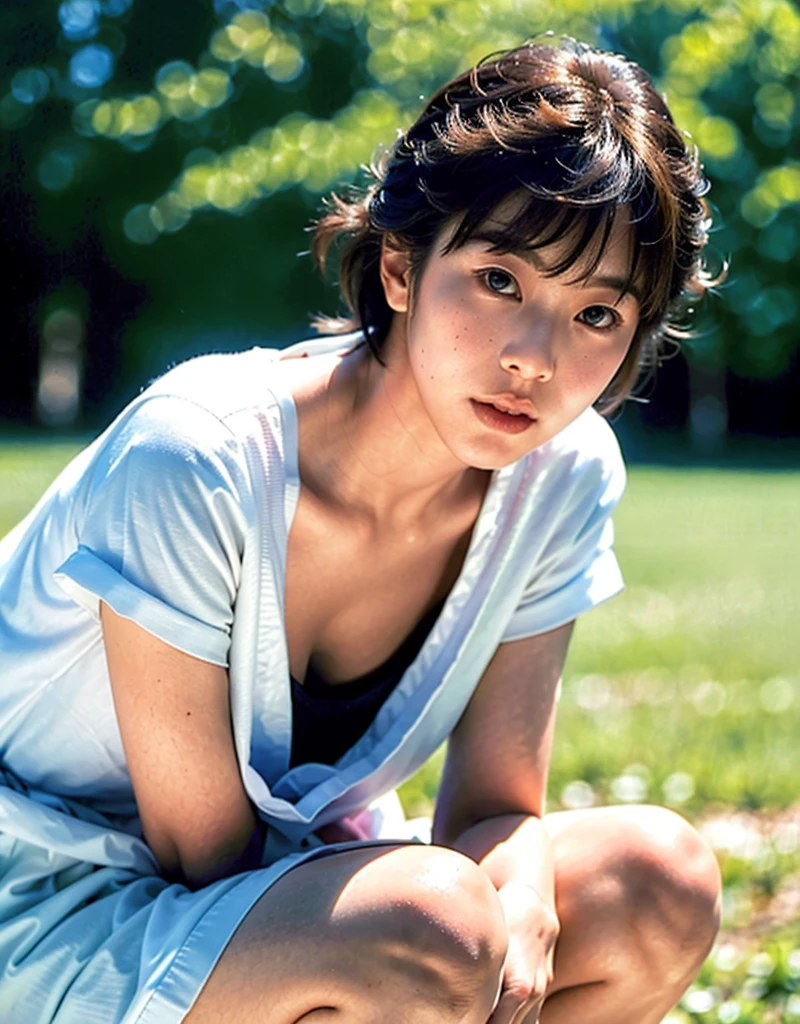(Best quality, 8k, 32k, Masterpiece, UHD:1.2),Photo of Pretty Japanese woman,black short hair,beauty face,(leaning forward:1.3),squatting,(from above:1.2),(close up:1.4),pov,loose t-shirt,large breasts,(beautiful nipple slip:0.9),outdoors,windy,shiny skin,blurry background,