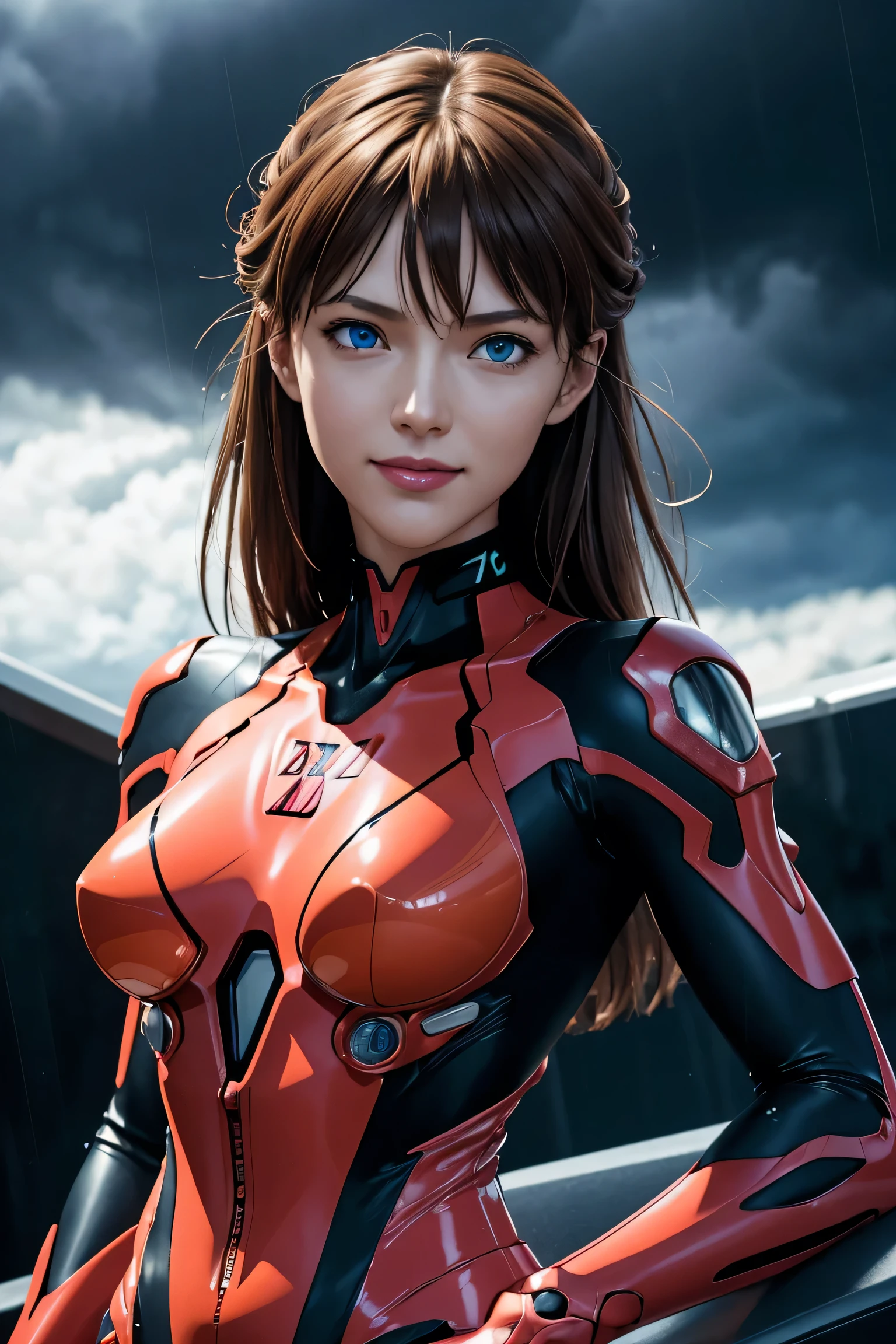 Evangelion,Asuka Langley,blue eyes,Plug Suit,Bodysuits,Interface Headset,赤いBodysuits,Ultra HD,super high quality,masterpiece,Digital SLR,Photorealistic,Detailed details,Vivid details,Depicted in detail,A detailed face,Detailed details,Super Detail,Realistic skin texture,Anatomical basis,Perfect Anatomy,Anatomically correct hand,Anatomically correct fingers,Complex 3D rendering,Sexy pose,Rainy Sky,Beautiful scenery,Fantastic rainy sky,Picturesque,Pink Lips,smile,