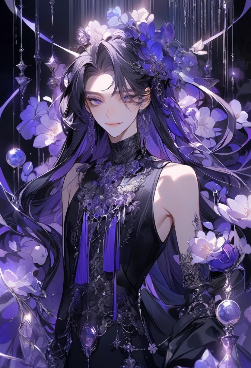 Feminine boy, soft womanish facial features, smile, squinted siren dark blue eyes without glare, silver and dark purple long loose hair with straight bang, fantasy black clothes with blue and purple elements, long black gloves, model, gorgeous, elegant, lots of silver jewelry, flowers in his hair, skinny body, hourglass figure, light lipstick