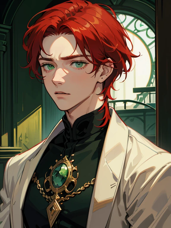 He is a young man of noble and melancholic appearance.. With reddish hair that frames a face marked by worry, His green eyes reflect inner determination and deep sadness.. Has an athletic build, showing physical strength that contrasts with his weakened state due to the curse.