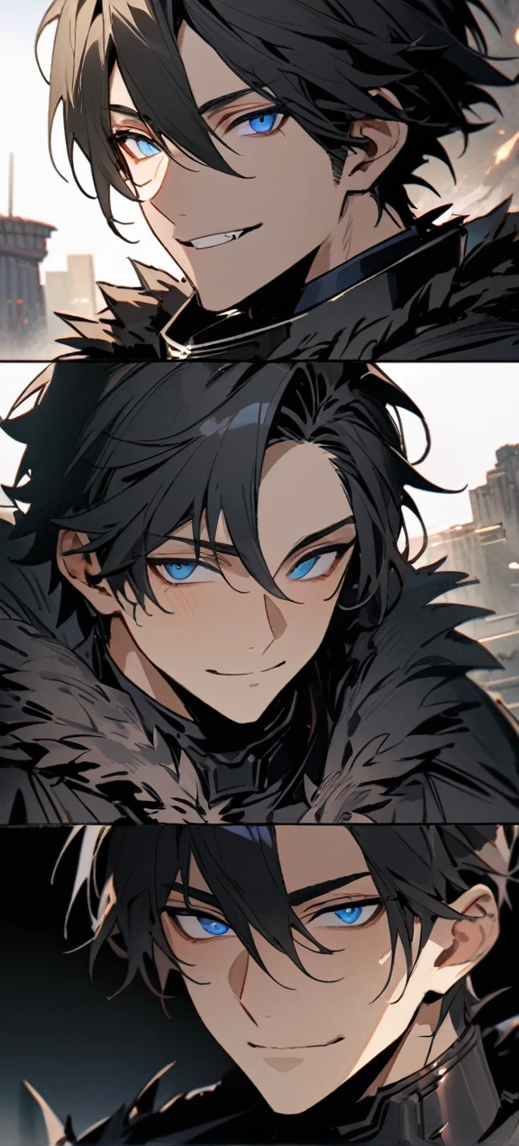 A quiet and charming young man, 30 years old, smile, gag, Portrait, Highly detailed face, 寒さとsmile, ((ดวงblue eyes)), ((black short hair)), [Thick eyebrows], ((black long coat)), ((all black)), (ดวงblue eyes) ,Short Black Quiff Hair with Soft Fringe, handsome , muscle, Facial expressions, Black Knight Armor (Plain black armor) , black fur shawl(Masterpiece,best quality,special, (Broad shoulders)) (muscle), male focus, Hand Held Weapons (Crescent repeater),Lipo,Fang Tian Hua Ji,High quality, สมจริงเป็นspecial,nonsense, height, Very detailed, HDR, Masterpiece, ใบหน้าและดวงตาที่มีรายVery detailed, dark armor, alone, ,man, handsome,, blue eyes , Villain&#39;s expression, black splash effect, dark black lightning effect,glowing glitter , symmetrical , Black Aura, strong full body view ,Fantasy Knight, Fantasy Warrior, Fantasy Knight, Fantasy Warrior in full armor , attack posture. , Details of his repeater, Characteristics and characteristics of monsters, and convey the tension and power of the encounter.."