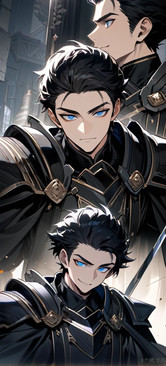 A quiet and charming young man, 30 years old, smile, gag, Portrait, Highly detailed face, 寒さとsmile, ((ดวงblue eyes)), ((black short hair)), [Thick eyebrows], ((black long coat)), ((all black)), (ดวงblue eyes) ,Short Black Quiff Hair with Soft Fringe, handsome , muscle, Facial expressions, Black Knight Armor (Plain black armor) , black fur shawl(Masterpiece,best quality,special, (Broad shoulders)) (muscle), male focus, Hand Held Weapons (Crescent repeater),Lipo,Fang Tian Hua Ji,High quality, สมจริงเป็นspecial,nonsense, height, Very detailed, HDR, Masterpiece, ใบหน้าและดวงตาที่มีรายVery detailed, dark armor, alone, ,man, handsome,, blue eyes , Villain&#39;s expression, black splash effect, dark black lightning effect,glowing glitter , symmetrical , Black Aura, strong full body view ,Fantasy Knight, Fantasy Warrior, Fantasy Knight, Fantasy Warrior in full armor , attack posture. , Details of his repeater, Characteristics and characteristics of monsters, and convey the tension and power of the encounter.."