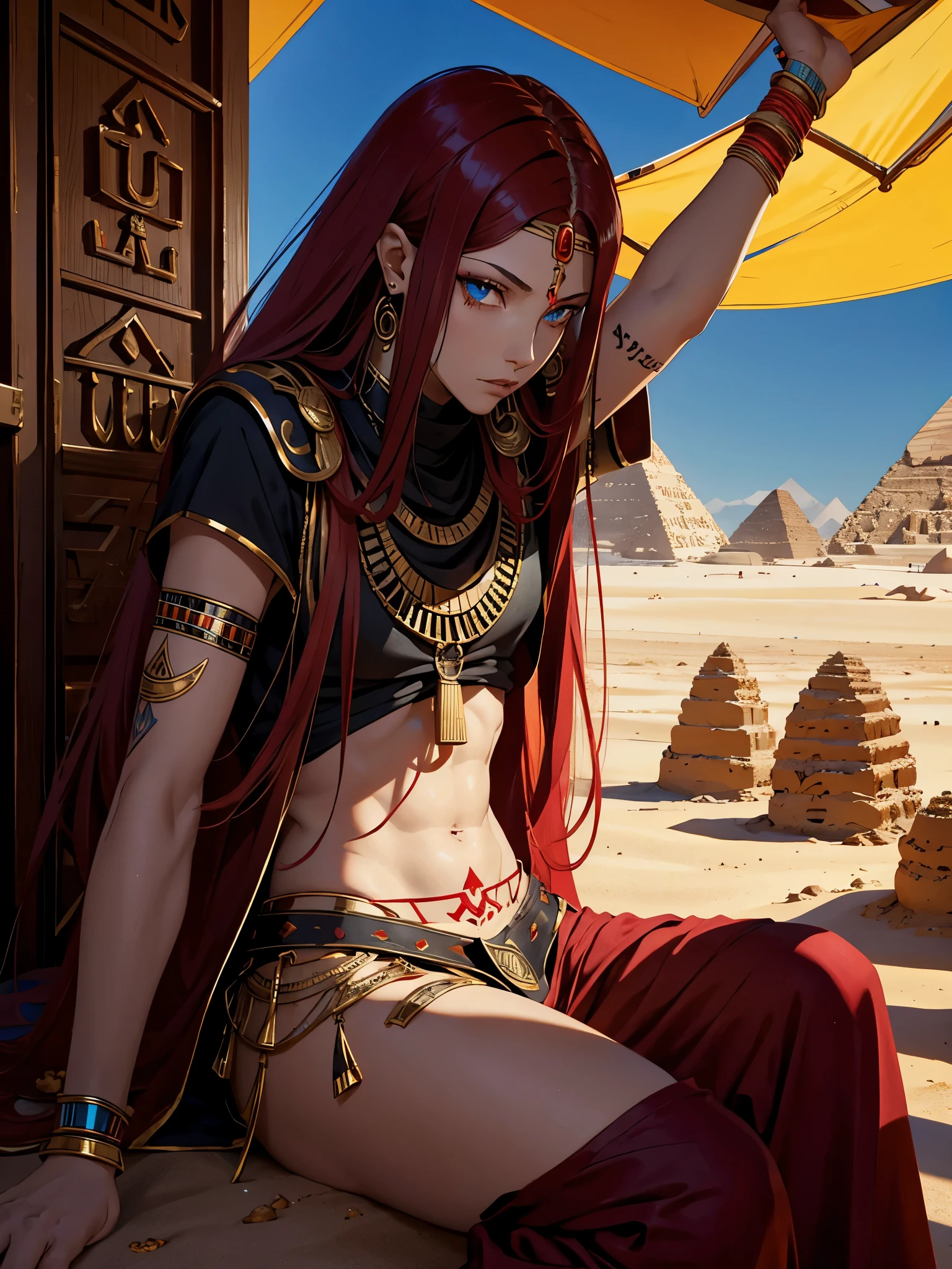 Egyptian deity Seth. long red hair, black colored clothes, red clothes. silver jewelry. light skin. Desert. Thron. Tattoos, Egyptian. blue eyes. Rotes Make Up. Desert. Sand.