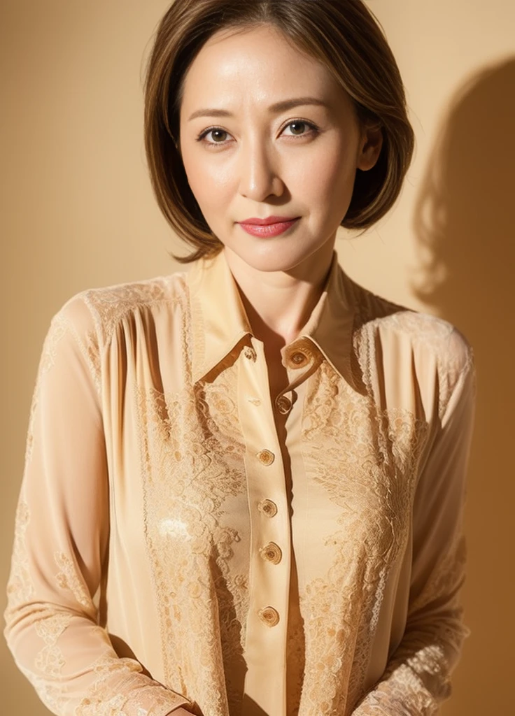 masterpiece,best quality, (1 milf), ((portrait:1.5)), ((looking at the viewer)), makeup, elegant beige shirt, touch own chest, ((seduction expression)),