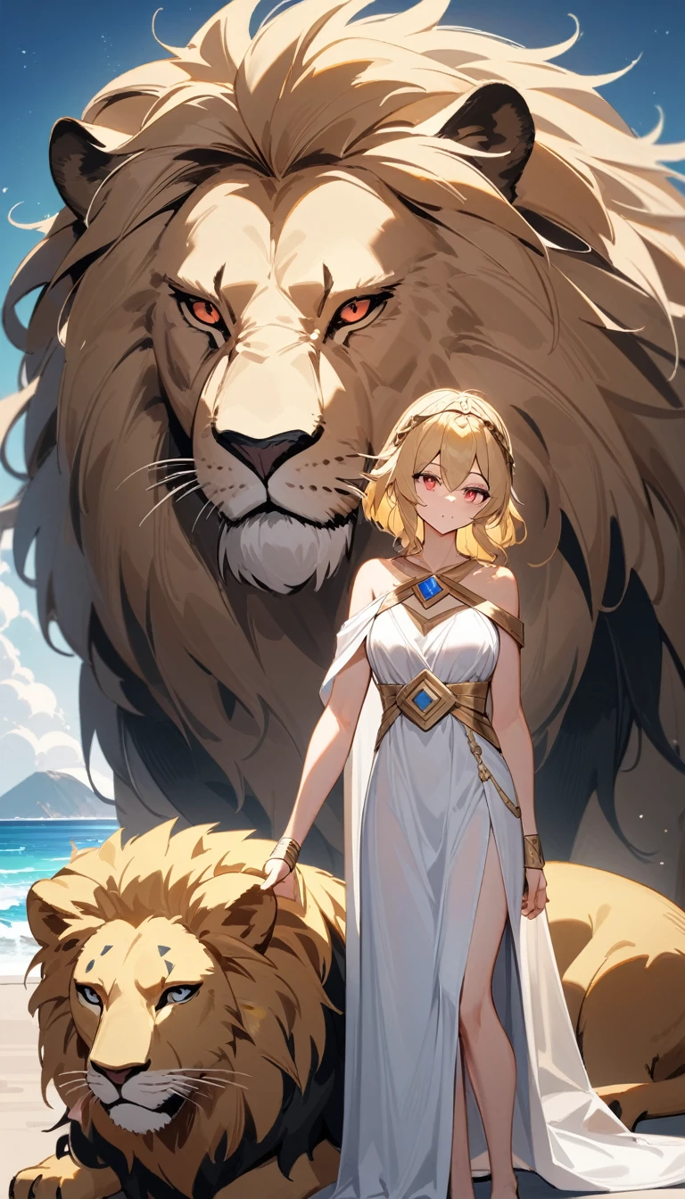 （Huang Li、high quality、Extremely detailed），Constellation - Goddess Leo，Giant lion，Woman petting a lion，Similar to Latin goodness，brave，capricious，Productivity，The face of enterprising and humanitarianism，Blonde hair，Ancient Greek costumes、Wrap Dress，The background is the ocean，Crystal red eyes（Eyes Details），Powerful appearance