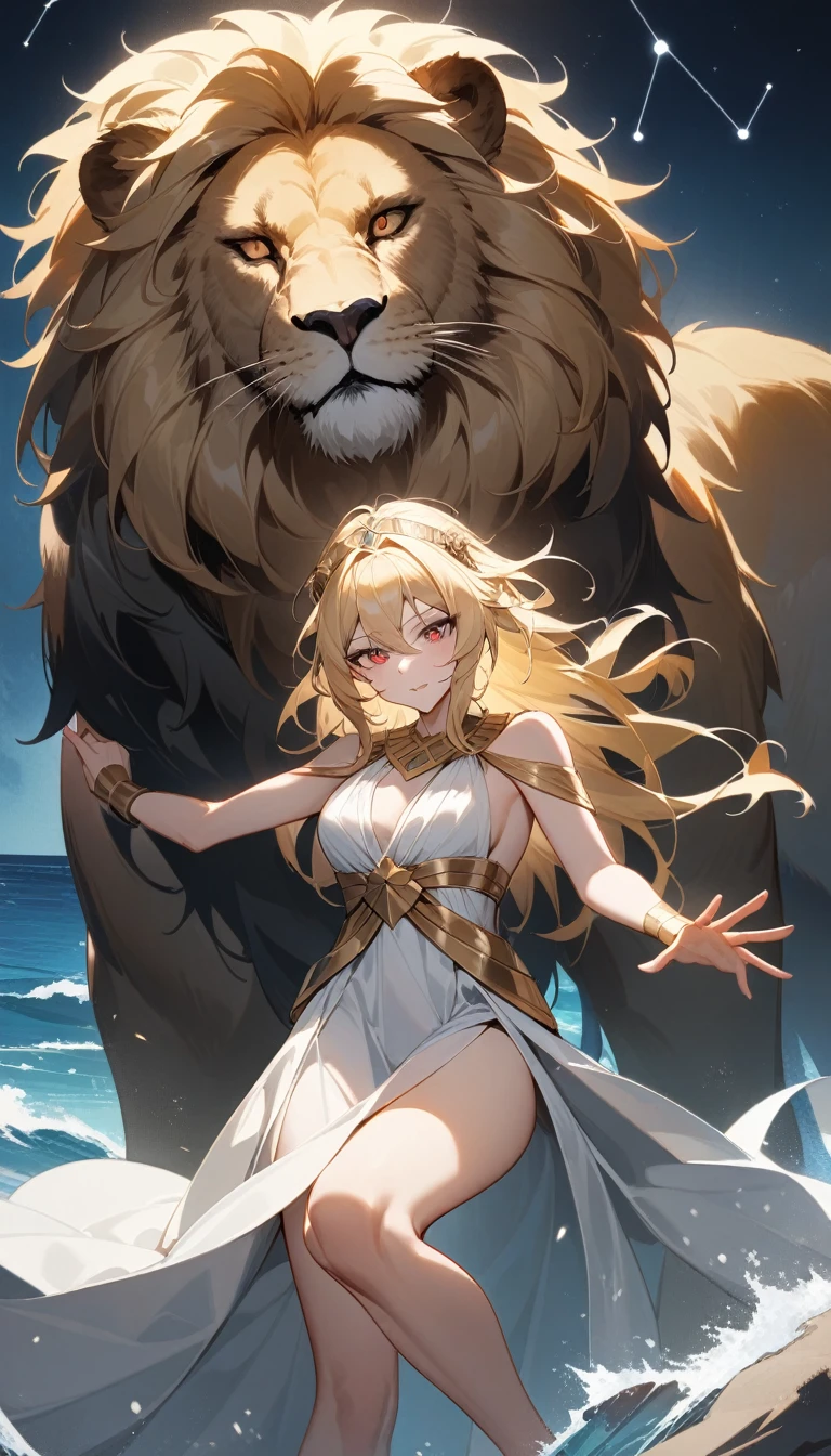 （Huang Li、high quality、Extremely detailed），Constellation - Goddess Leo，Giant lion，Woman petting a lion，Similar to Latin goodness，brave，capricious，Productivity，The face of enterprising and humanitarianism，Blonde hair，Ancient Greek costumes、Wrap Dress，The background is the ocean，Crystal red eyes（Eyes Details），Powerful appearance