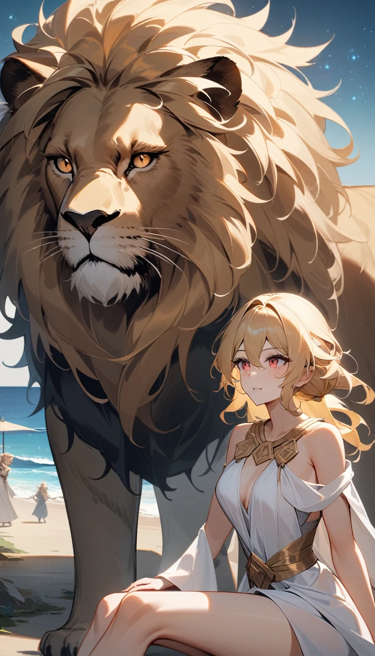 (Huang Li、high quality、Extremely detailed),Constellation - Goddess Leo,Giant lion,Woman petting a lion,Similar to Latin goodness,brave,capricious,Productivity,The face of enterprising and humanitarianism,Blonde hair,Ancient Greek costumes、Wrap Dress,The background is the ocean,Crystal red eyes(Eyes Details),Powerful appearance