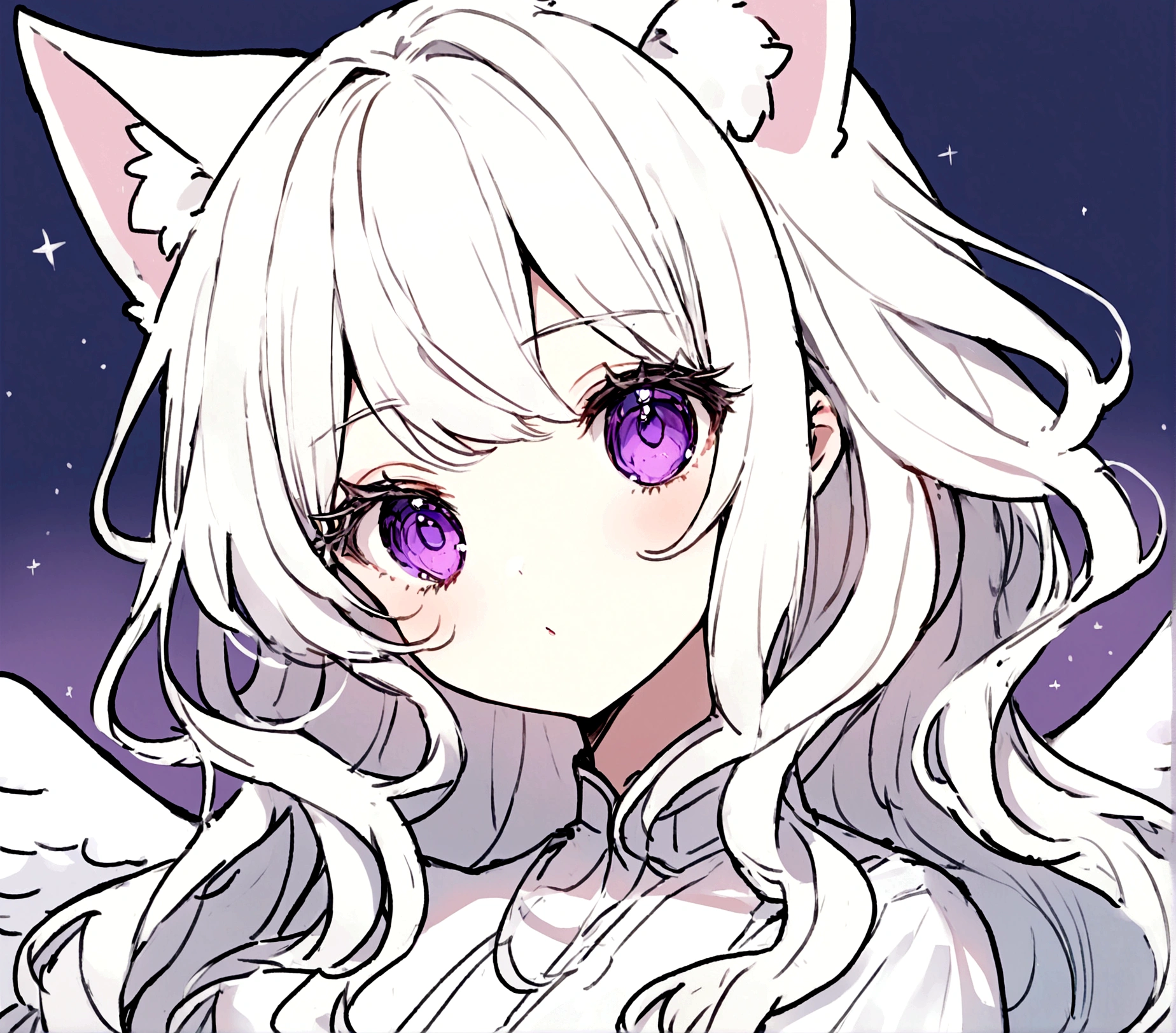 Wink,Long Wavy Hair,White hair is very attractive, Detailed and precise manual work, Attractive girl, White cat ears,Purple eyes and white eyelashes,light in your eyes,Big angel wings,Background white,Great light,,delicate,Loose white clothes, Hand-drawn illustration,