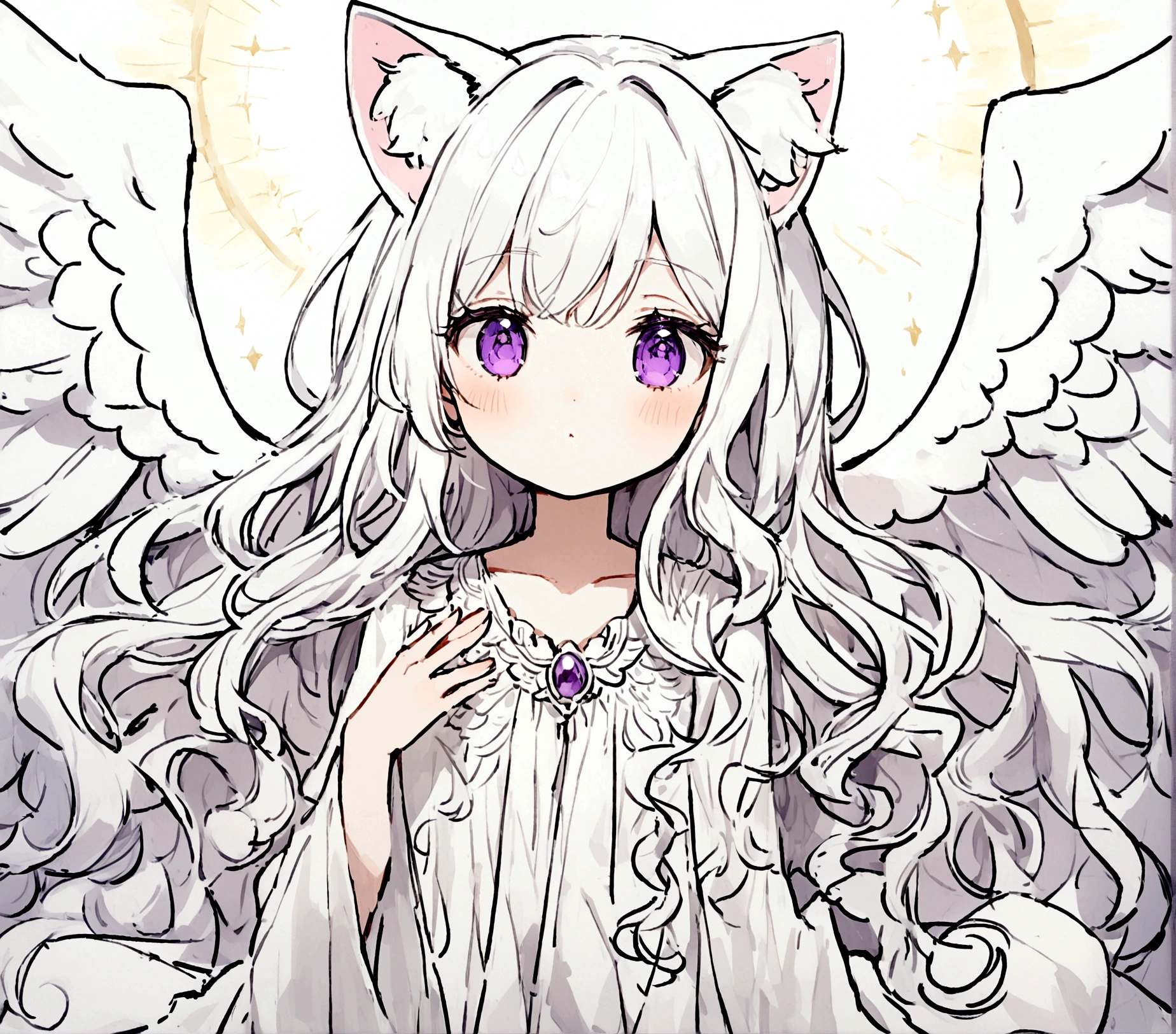 Wink,Long Wavy Hair,White hair is very attractive, Detailed and precise manual work, Attractive girl, White cat ears,Purple eyes and white eyelashes,light in your eyes,Big angel wings,Background white,Great light,,delicate,Loose white clothes, Hand-drawn illustration,