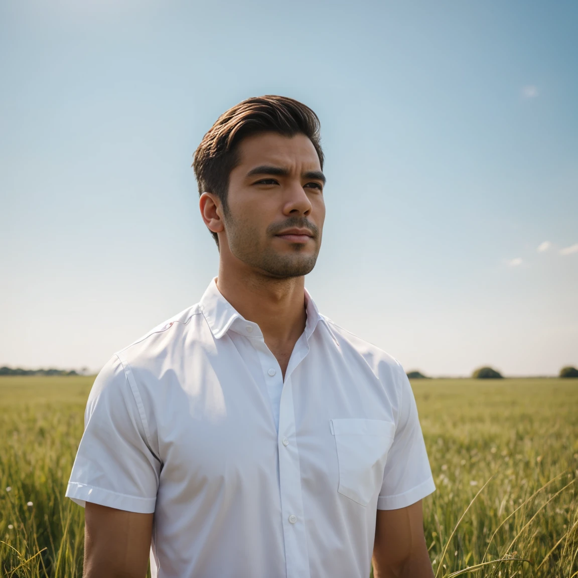 1 man,Solitary,Male focus,Positive face,outdoor,sky,Practical,shirt,Grass,Upper Body,white shirt,Shut up