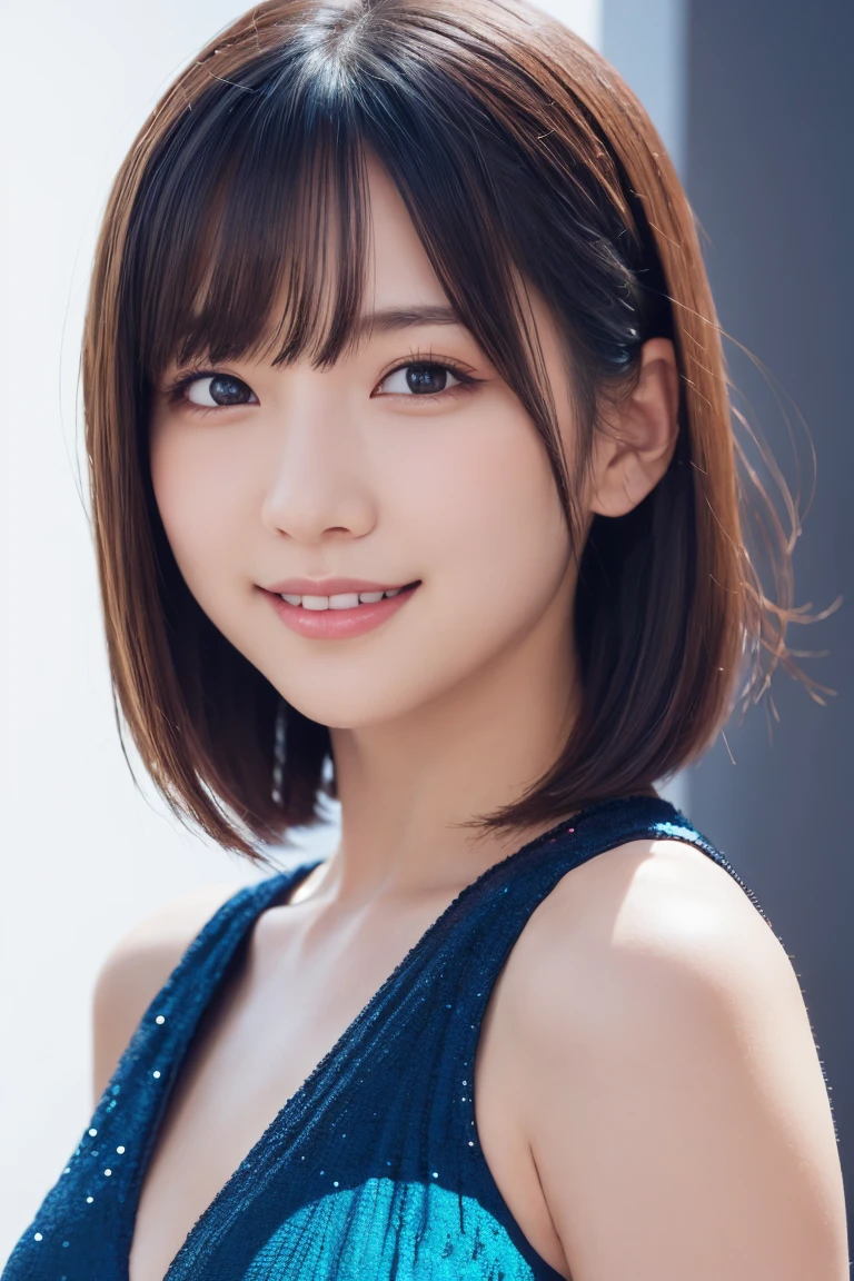 1 girl, (Wearing colorful stage costumes:1.2), Very beautiful Japanese idol portraits, Face close-up, (RAW Photos, highest quality), (Realistic, Realistic:1.4), (masterpiece), Very delicate and beautiful, Very detailed, 2k wallpaper, wonderful, finely, Very detailed CG Unity 8K wallpaper, Very detailed, High resolution, Soft Light, Beautiful detailed girl, Very detailed目と顔, Beautiful and sophisticated nose, Finely beautiful eyes, Cinema Lighting, (Simple light color background:1.3), (short hair), (Bob), Complete Anatomy, Slender body, Small breasts, smile
