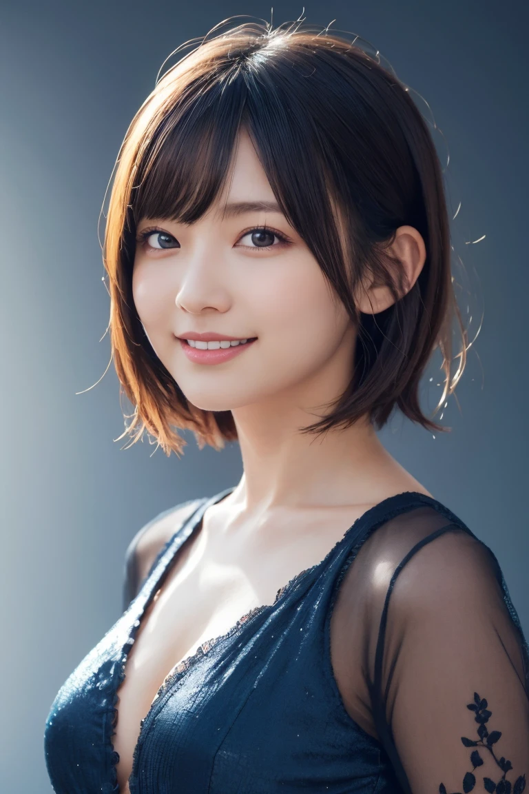 1 girl, (Wearing colorful stage costumes:1.2), Very beautiful Japanese idol portraits, Face close-up, (RAW Photos, highest quality), (Realistic, Realistic:1.4), (masterpiece), Very delicate and beautiful, Very detailed, 2k wallpaper, wonderful, finely, Very detailed CG Unity 8K wallpaper, Very detailed, High resolution, Soft Light, Beautiful detailed girl, Very detailed目と顔, Beautiful and sophisticated nose, Finely beautiful eyes, Cinema Lighting, (Simple light color background:1.3), (short hair), (Bob), Complete Anatomy, Slender body, Small breasts, smile