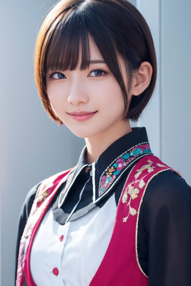1 girl, (Wearing colorful stage costumes:1.2), Very beautiful Japanese idol portraits, Face close-up, (RAW Photos, highest quality), (Realistic, Realistic:1.4), (masterpiece), Very delicate and beautiful, Very detailed, 2k wallpaper, wonderful, finely, Very detailed CG Unity 8K wallpaper, Very detailed, High resolution, Soft Light, Beautiful detailed girl, Very detailed目と顔, Beautiful and sophisticated nose, Finely beautiful eyes, Cinema Lighting, (Simple light color background:1.3), (short hair), (Bob), Complete Anatomy, Slender body, Small breasts, smile