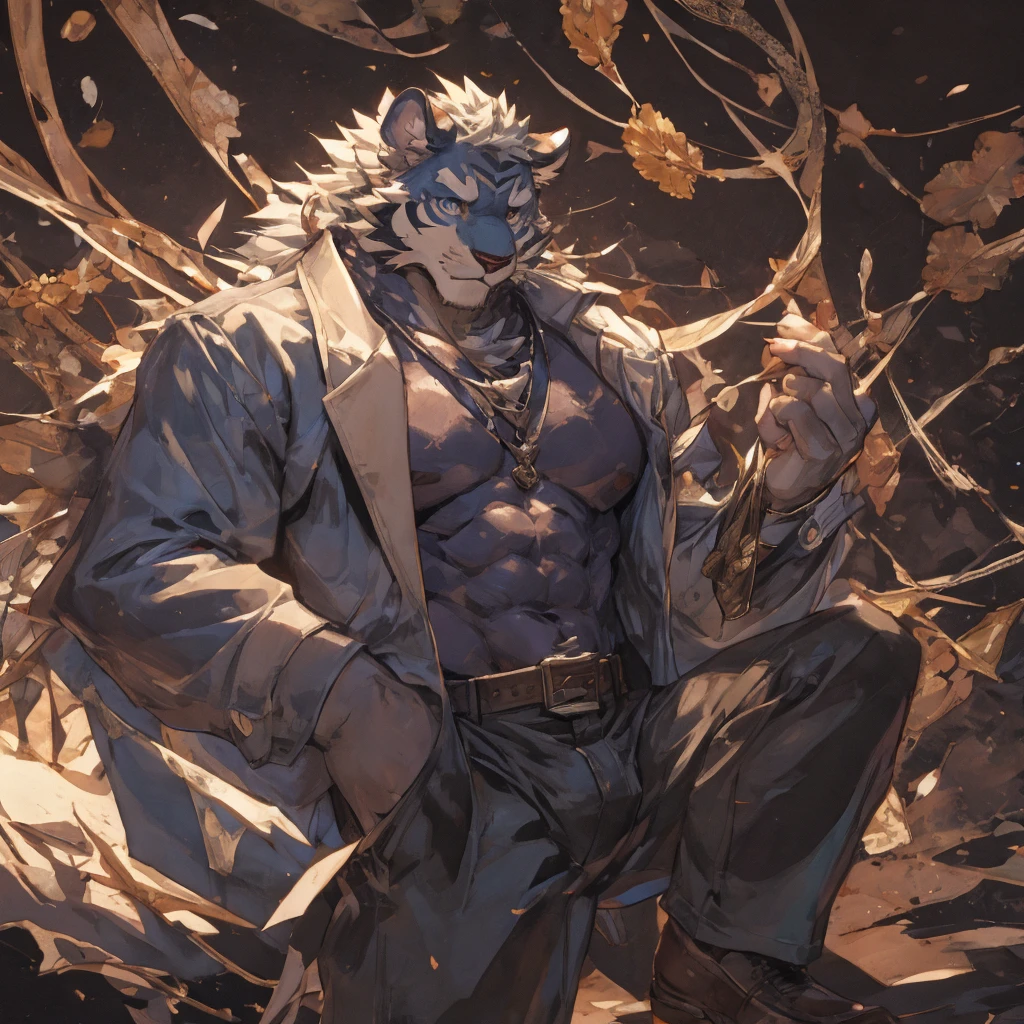 {{bara extremely handsome white tiger,}} {{white fur,}} white, wearing elegant ornate suit jacket, trousers, white dress shirt and necktie, white fluffy furry body and limbs, loafers, very tall, very broad shoulders, narrow waist, muscular arms, massive pecs, purple eyes, very long legs, massive bulge, sophisticated hot look, 3/4 view, best quality, high detail, CG image, character splash art, silver earring on left ear, sultry smirk