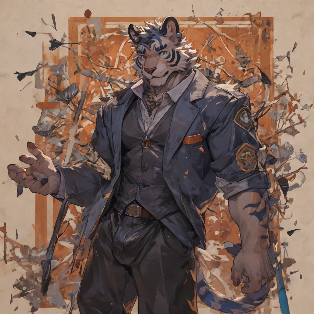 {{bara extremely handsome white tiger,}} {{white fur,}} white, wearing elegant ornate suit jacket, trousers, white dress shirt and necktie, white fluffy furry body and limbs, loafers, very tall, very broad shoulders, narrow waist, muscular arms, massive pecs, purple eyes, very long legs, massive bulge, sophisticated hot look, 3/4 view, best quality, high detail, CG image, character splash art, silver earring on left ear, sultry smirk