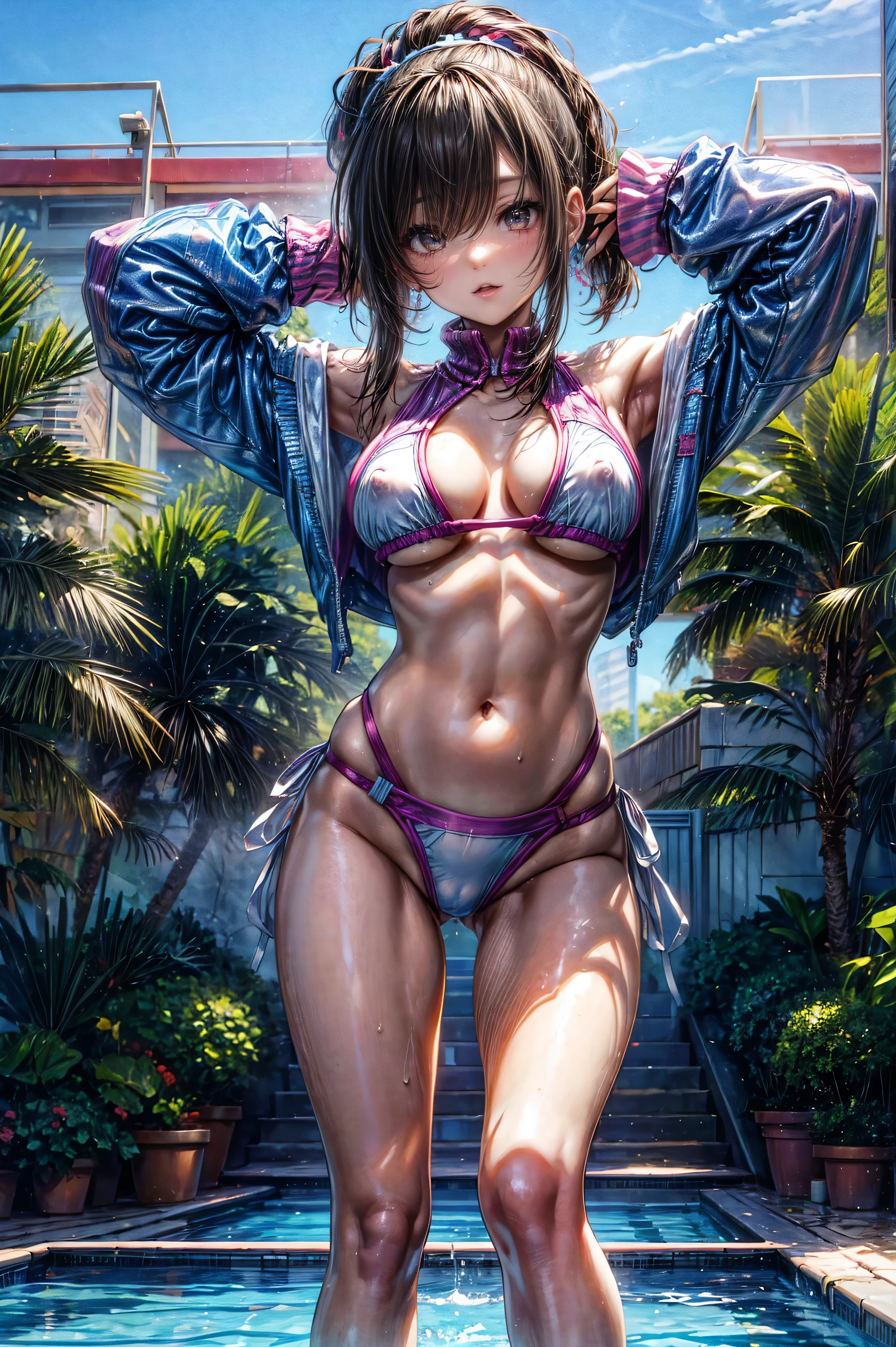 The pool in question、1980s Aerobics Style、sneakers、Detailed picture、girl、25-year-old woman、Dynamic and lively pose、Crotch line、Erect nipples