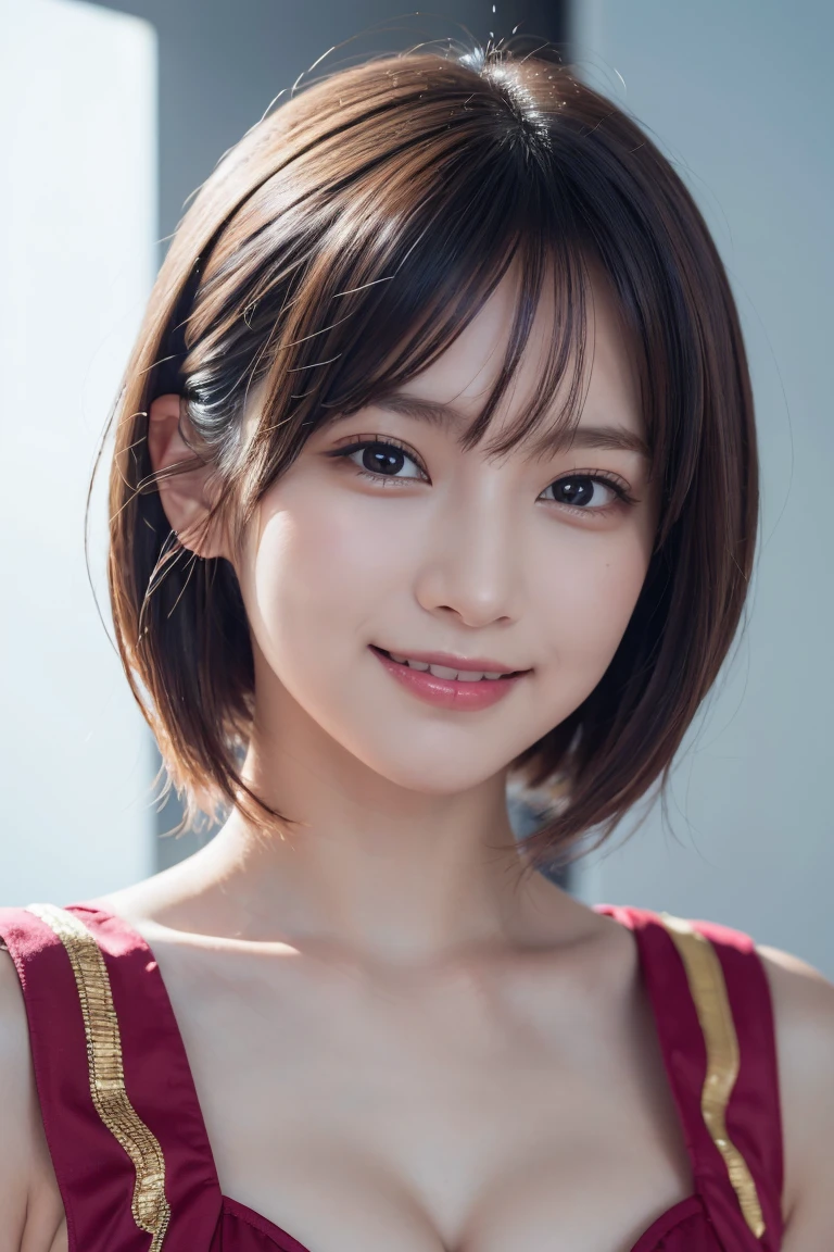 1 girl,(wearing colorful stage costume:1.2),very beautiful japanese idol portrait,close up of face,(RAW photo,best quality),(real,realistic:1.4),(masterpiece),very delicate and beautiful,very detailed,2k wallpaper,amazing,finely detailed,highly detailed CG Unity 8K wallpaper,very detailed,high resolution,soft light,beautiful detailed girl,very detailed eyes and face,beautiful refined nose,finely beautiful eyes,cinema lighting,(simple light color background:1.3),(short hair),(bob),full anatomy,slender body,small breasts,smiling,