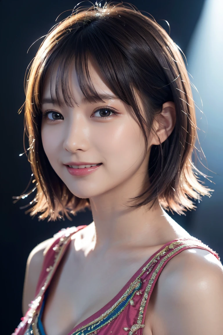 1 girl,(wearing colorful stage costume:1.2),very beautiful japanese idol portrait,close up of face,(RAW photo,best quality),(real,realistic:1.4),(masterpiece),very delicate and beautiful,very detailed,2k wallpaper,amazing,finely detailed,highly detailed CG Unity 8K wallpaper,very detailed,high resolution,soft light,beautiful detailed girl,very detailed eyes and face,beautiful refined nose,finely beautiful eyes,cinema lighting,(simple light color background:1.3),(short hair),(bob),full anatomy,slender body,small breasts,smiling,