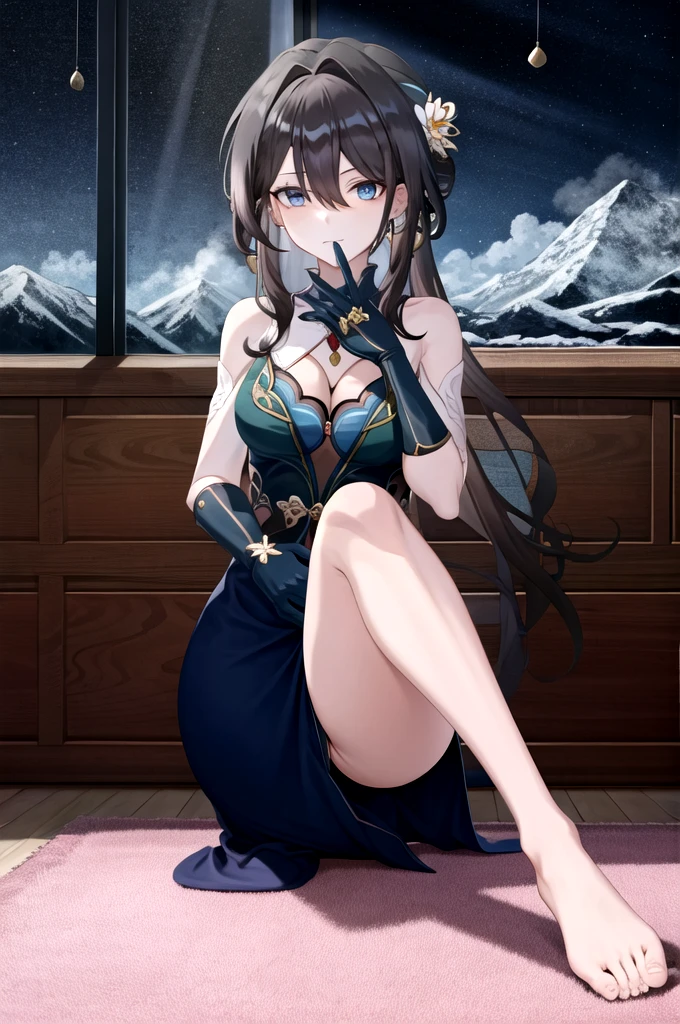 RUANMEI,Bangs,Long hair,skirt,Gloves,Hair between the eyes,Jewelry,Hair accessories,blue eyes,Black Hair,flower,black Gloves,blue skirt,indoors,bedroom,permanent,A faint smile, 1 girl,
,  (masterpiece,best quality:1.2),absurd，whole body,Long legs,Beautiful Feet，Bare legs,Sexy,,High target