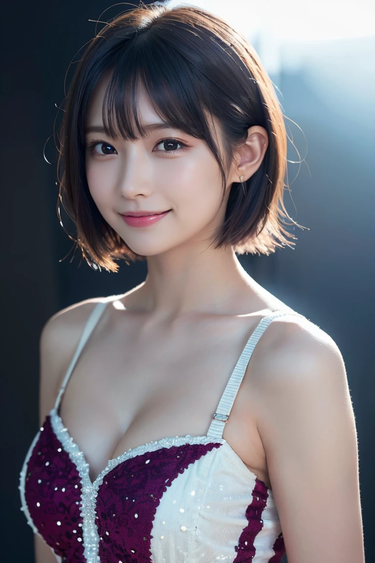 1 girl,(wearing colorful stage costume:1.2),very beautiful japanese idol portrait,close up of face,(RAW photo,best quality),(real,realistic:1.4),(masterpiece),very delicate and beautiful,very detailed,2k wallpaper,amazing,finely detailed,highly detailed CG Unity 8K wallpaper,very detailed,high resolution,soft light,beautiful detailed girl,very detailed eyes and face,beautiful refined nose,finely beautiful eyes,cinema lighting,(simple light color background:1.3),(short hair),(bob),full anatomy,slender body,small breasts,smiling