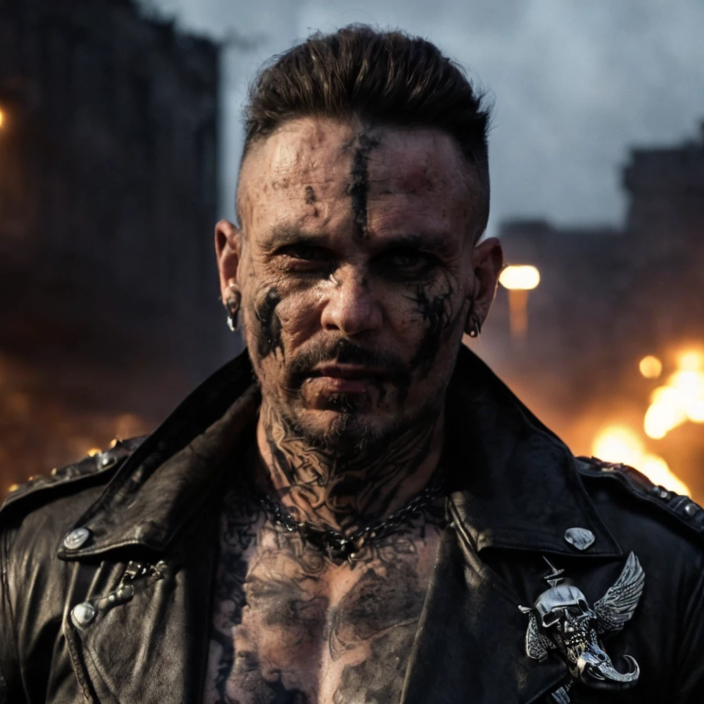 Prompt: (masterpiece)+, (extremely (realistic)+,a portrait of an extremely ugly Massive nazi-satanist post-apocalyptic raider punk. bad skin, dirty skin, scars and bruises, warpaint, dressed in a black leather jacket over bare chest and raider gear, makeshift outfit. Mad max. Raider. evil grin. Crazy stare. Front photo. Looking in camera. volumetrics dtx, Photorealistic, ultra detailed, Artstation trending, very very detailed, realistic shaded lighting, dynamic shadows, detailed Night riot streets background, upper body, professional photograph of a detailed skin, sharp focus, dramatic, award winning, cinematic lighting, octane render, unreal engine, volumetrics dtx, Photorealistic, ultra detailed, Artstation trending, very very detailed, hyperrealistic, fine details, realistic shaded lighting, dynamic shadows, Night riot streets background, add_detail:1, skin pores and wrinkles, details.,More Reasonable Details