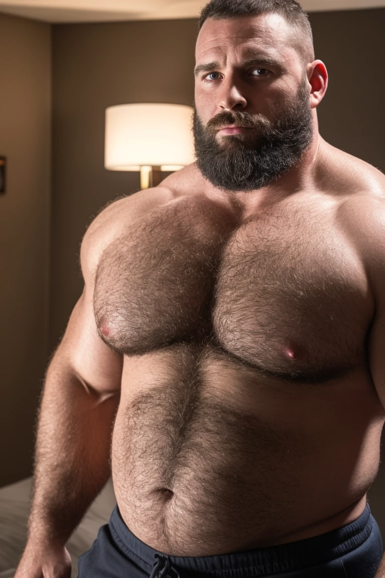 8K HDR Very Extremely Realistic Very Detailed High Quality 8K HDR Very Realistic 46 year old daddy rugged bodybuilder muscle bears man, 8KHDR very realistic beared big daddy muscle bear, and 8KHDR very realistic detailed rugged burly man in shorts, 8KHDR very realistic hair, 8KHDR very realistic beards, 8KHDR very realistic thick chubby neck, 8KHDR very realistic neck lines, 8KHDR very realistic detailed neck, 8KHDR very realistic belly, 8KHDR very realistic burly chest, 8KHDR very realistic detailed hairy burly strong chest and arms, 8KHDR very realistic detailed hairy burly strong chest and arms, 8KHDR very realistic burly muscle bear body, 8KHDR very realistic nipples, 8KHDR very realistic burly muscle bear body, 8KHDR very realistic face, 8KHDR very realistic detailed face, 8KHDR very realistic eyes, 8KHDR very realistic detailed eyes, 8KHDR very realistic pupils, 8KHDR very realistic detailed pupils, 8KHDR very realistic head, 8KHDR very realistic waist, 8KHDR very realistic facial features, 8KHDR very realistic burly arms, 8KHDR very realistic elbows, 8KHDR very realistic hands, 8KHDR very realistic pecs, 8KHDR very realistic belly, 8KHDR very realistic human man body, 8K HDR very realistic bellybutton, 8KHDR very realistic wrists, 8KHDR very realistic fingers, 8KHDR very realistic fingernails, 8KHDR very realistic shoulders, 8KHDR very realistic mouth, 8KHDR very realistic lips, 8KHDR very realistic mens clothing, 8KHDR very realistic detailed mens clothing. 8KHDR Very Realistic Hairy Bearded Burly Muscle bear Photoshoot, 8KHDR Very Realistic Ultra-detailed, 8KHDR very realistic detailed bedroom surroundings, 8KHDR very realistic surroundings lighting, No Deformities, An ultra-realistic photograph captured with a Sony α7 III camera, equipped with an 85mm lens in F 1.2 aperture, The cutting-edge Midjourney v5, ( best quality, highres, realistic:1.37), Super real detailed skin, Ultra-detailed, Photorealistic 1.4, hyper photorealism, 8K HDR Clear HDR Quality,