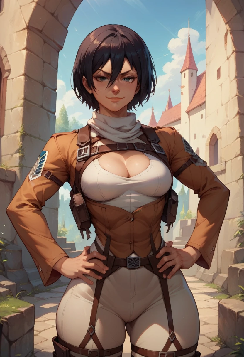 1woman, cleavage, in a castle, hands holding own hips, smirk, medium breasts, wide hips, big ass, Mikasa,standing