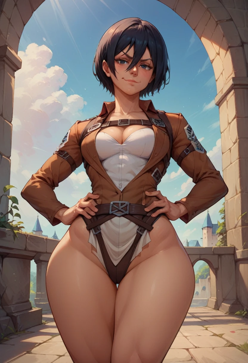 1woman, cleavage, in a castle, hands holding own hips, smirk, medium breasts, wide hips, big ass, Mikasa,standing