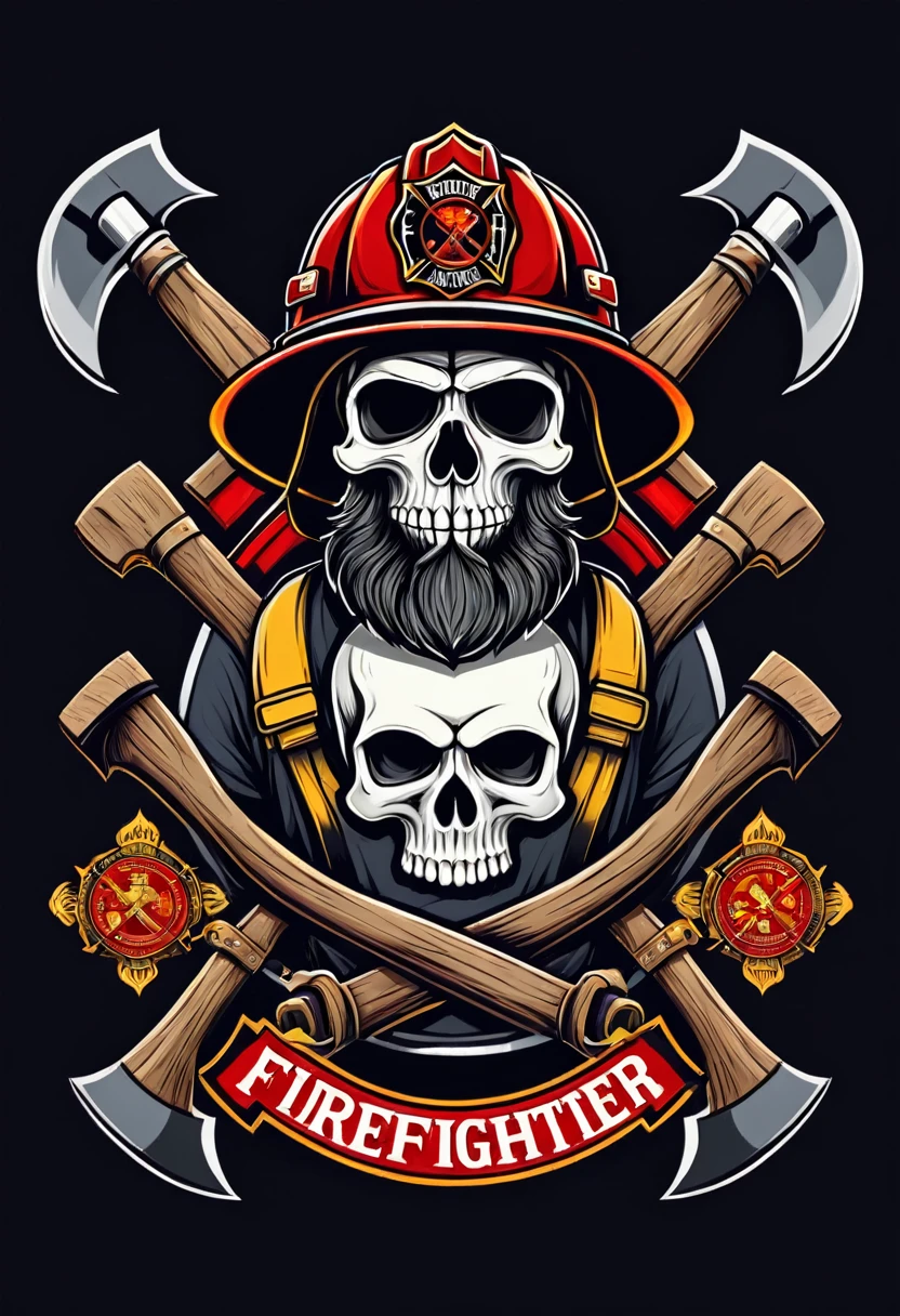 Vintage firefighter logo with crossed axes and bearded skull wearing firefighter helmet illustration, t shirt design, flat-colors, vector, ((black backdrop)) . awardwinning, proffesional, highy detailed
