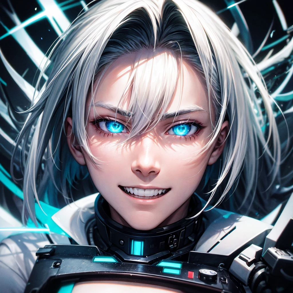 A young man with spiky white hair, his face obscured by a digital glitch effect, stares intensely at the viewer. His eyes glow white, and he has a sinister smile. He is a digital being, a manifestation of the internet's dark side.

[Digital art, cyberpunk style, inspired by the works of Yoshitaka Amano and Hajime Sorayama], [Camera: 50mm lens, close-up shot, low-key lighting, black and white with neon green and blue glitches, sharp focus on the eyes and smile, textured background of digital code]