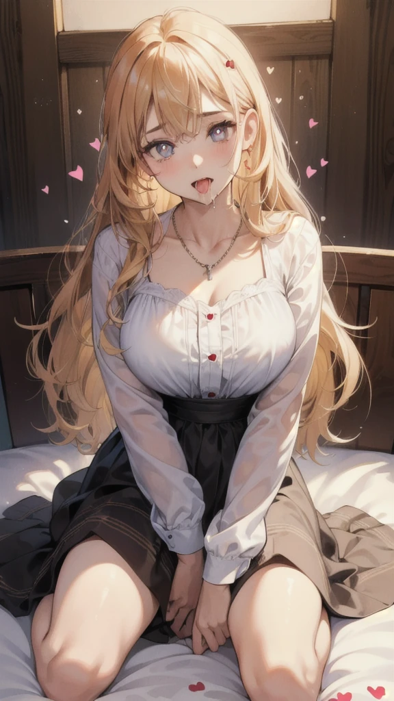 (masterpiece: 1.4), (Highest quality: 1.4), 8K, High resolution, Ultra Clear,One girl,(Big Breasts:1.4),Long golden hair,(Heart-shaped pupils:1.3),(Tonue out:1.2),Scared:1.3,,Exposing the abdomen,White transparent tulle,Ton,(look up),Spread your legs,Fingers of the lower body,Bedroom at night,necklace,Dirty clothes, Dairy Cow, Kneel, (cry: 0.7), Open your mouth, saliva, throat, Sticking out tongue, Hanging, Blowjob_Invitation to, In the mouth, (Heart-shaped pupils),