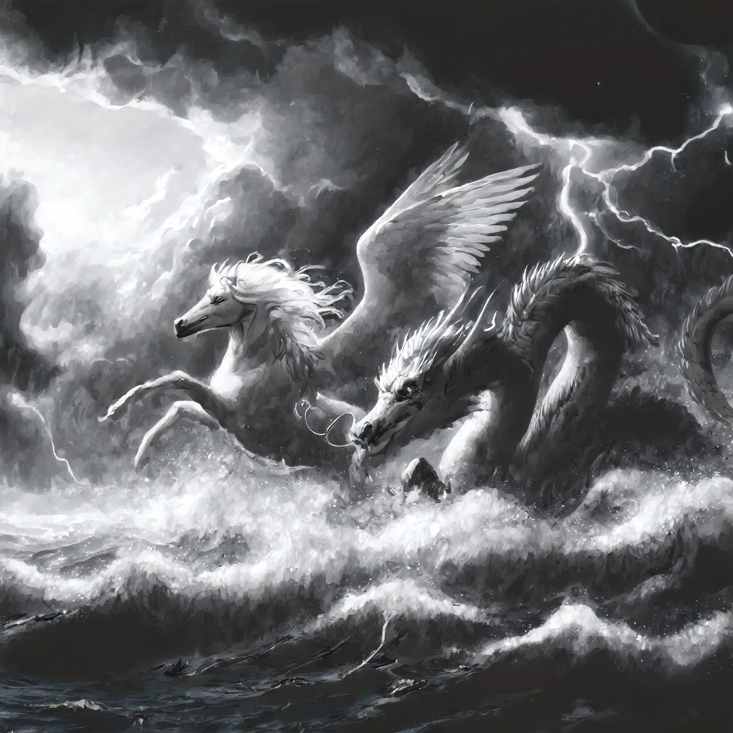 Black and white photo of a horse and a dragon in the sea, Mysterious Creatures, Ominous fantasy illustration, flying mythical beast, inspired by Gustave Dore, Godrays digital painting, Storm Dragon, author:Radi Nedelchev, author:Adam Marcinski, Jason Benjamin, Scylla and Charybdis, Fantasy digital art