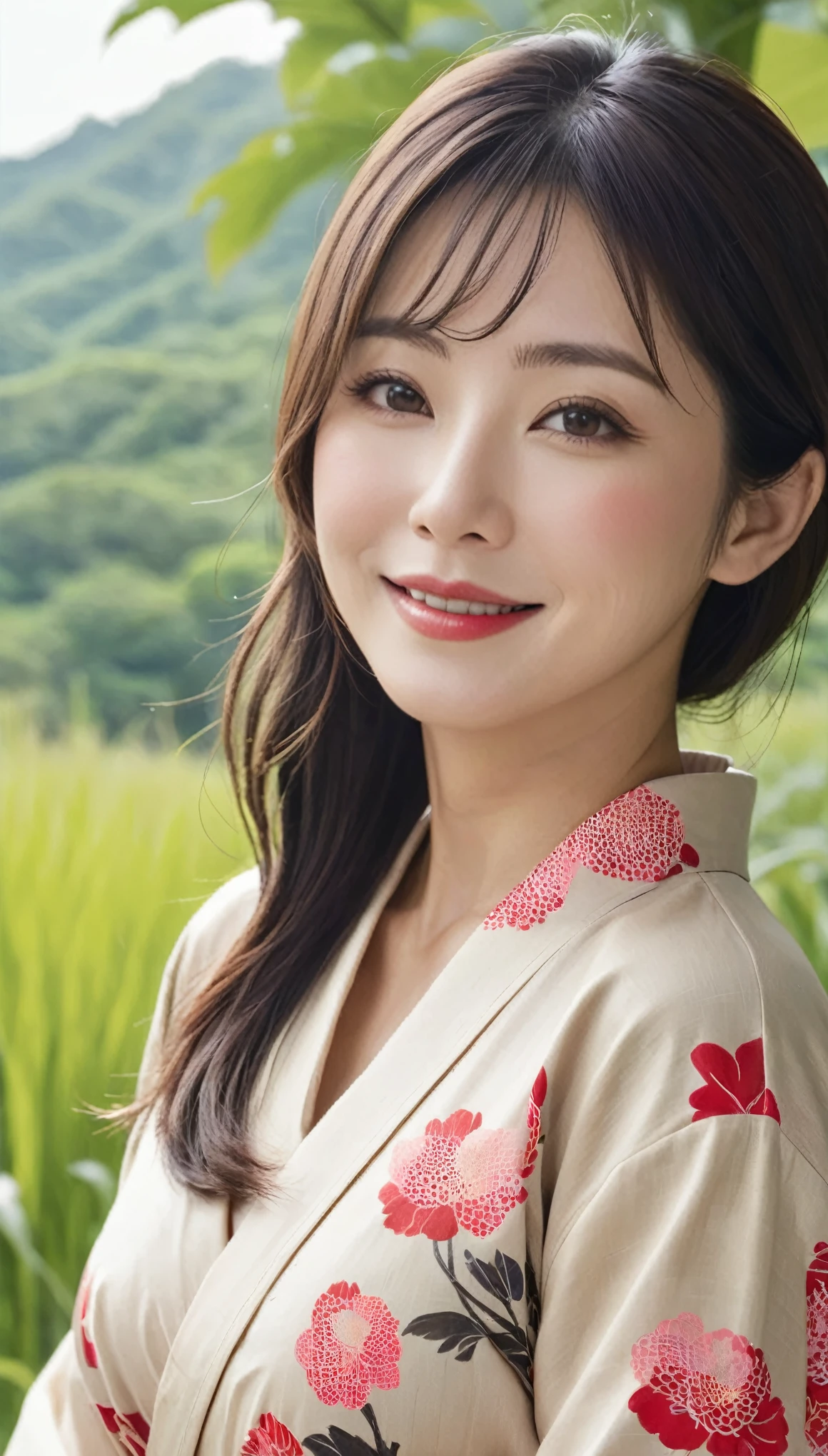 masterpiece,Highest quality,wonderful,(Mature Woman:1),(Mature Woman:1.3), (50歳のMature Woman.1.3)(((Very large breasts)))、(((Big big boobs)))、(((Big big cleavage)))、{Japanese countryside(Rice field footpath)}、Cute Smile、Well-tanned skin、Delicate and precise skin texture、(Plump figure)、disheveled brown hair、Japanese women、(Big Ass)、Thick thighs、Bright red lips、Thick upper arms、Wearing an old yukata with a sober color、