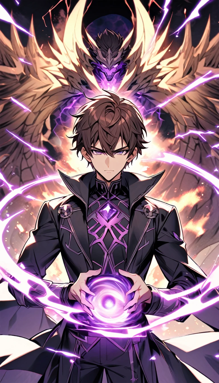 Handsome, single, 1 male, short hair, brown hair, sharp purple eyes with a charming twinkle. Satanic magic style warrior outfit black coat Huge energy swirled like the purple electricity of a black hole. Super power is in your hands.Power of dragon ,dragons rotaion around body