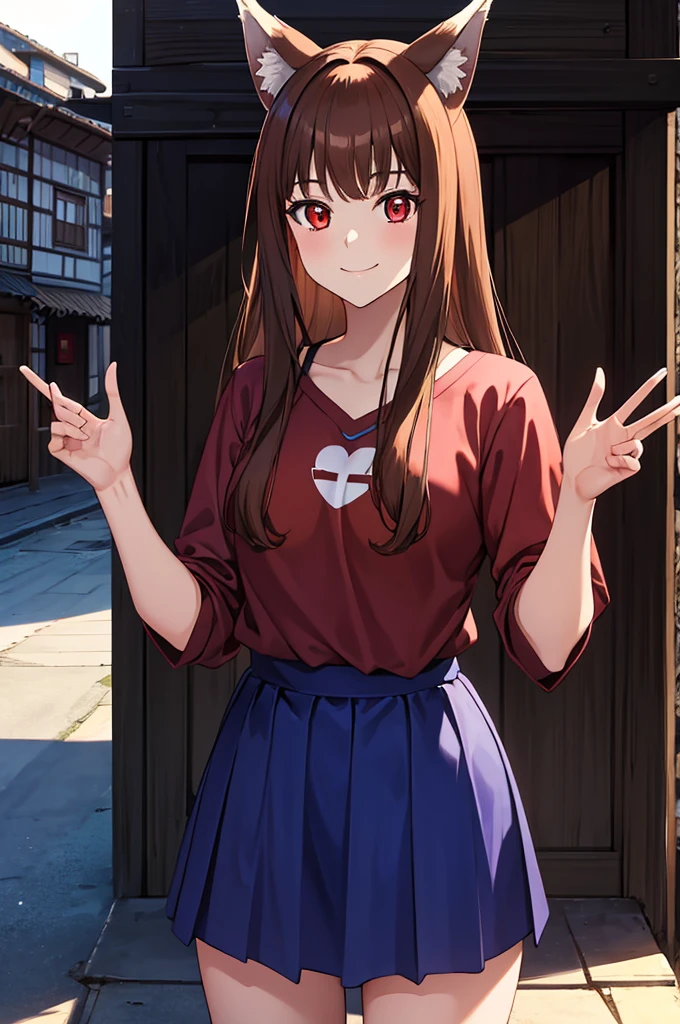 (masterpiece:1.3), (best quality:1.1), (8k, ultra detailed, ultra high res:1.2), (pastel), (perfect 5 fingers:1.1), perfect anatomy, 
1girl, wolf girl, 
holo, 
BREAK long hair, wolf ears, fuffy hair in the ears, 
brown hair, 
red eyes, blue shirt, brown skirt, long skirt, 
small breasts,  
food, brown food, 
smile, 
BREAK looking at viewer, 
cowboy shot, 
standing, 
perfect light, 
outdoor, outside, city, cityscape, (village:1.3), 