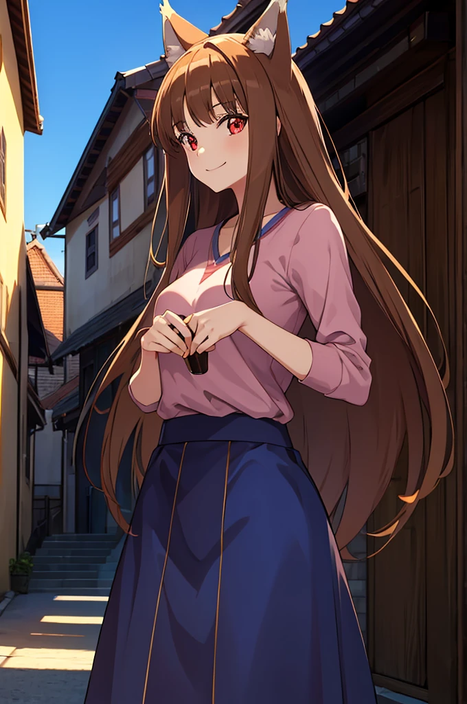 (masterpiece:1.3), (best quality:1.1), (8k, ultra detailed, ultra high res:1.2), (pastel), (perfect 5 fingers:1.1), perfect anatomy, 
1girl, wolf girl, 
holo, 
BREAK long hair, wolf ears, fuffy hair in the ears, 
brown hair, 
red eyes, blue shirt, brown skirt, long skirt, 
small breasts,  
food, brown food, 
smile, 
BREAK looking at viewer, 
cowboy shot, 
standing, 
perfect light, 
outdoor, outside, city, cityscape, (village:1.3), 