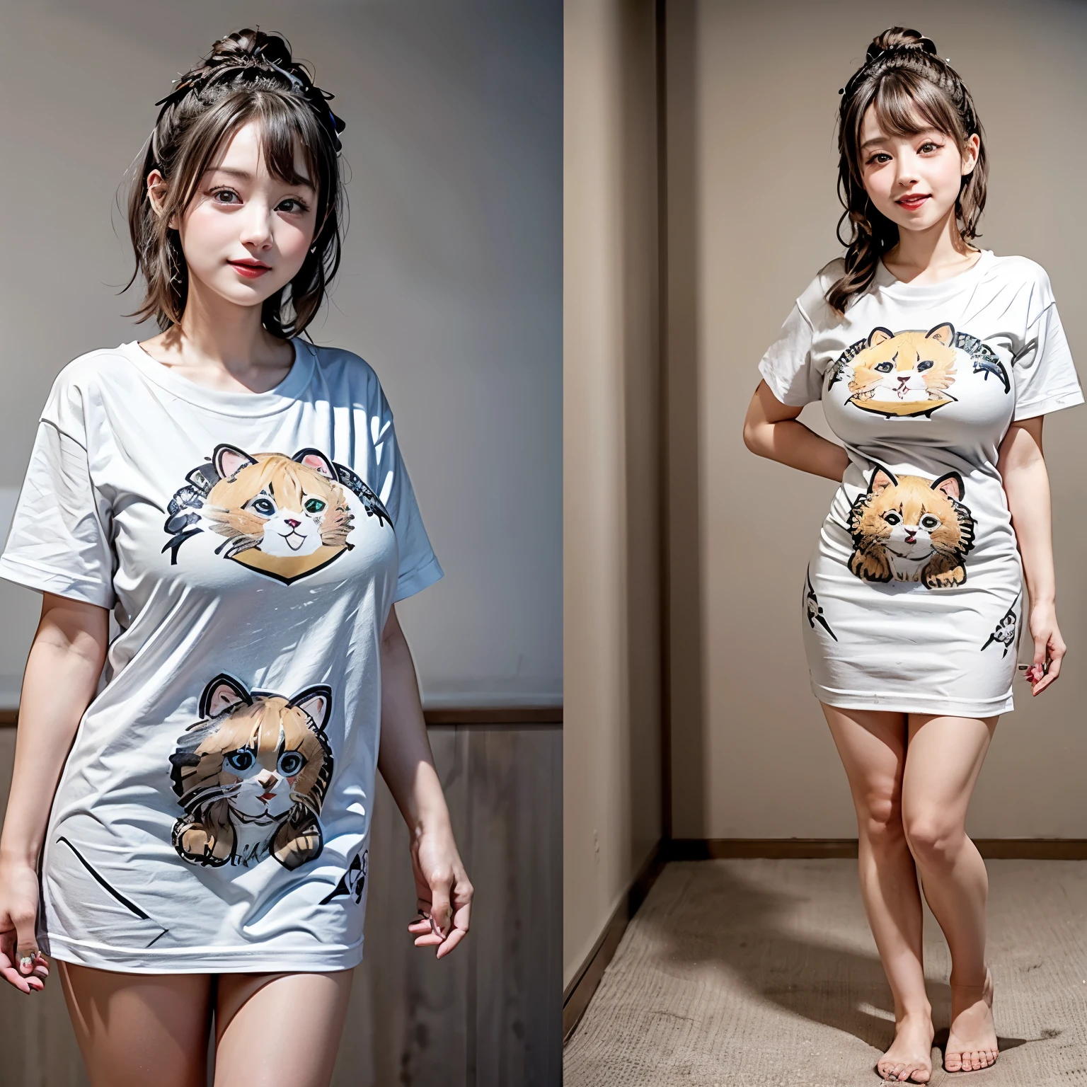 White and Bright Red, (Masterpiece 8K TopQuality:1.2) (ProfessionalPhoto:1.37) ExtremelyDetailed (((FullBody, KAWAII girl with HUGE boobs:1.37)) in ((WHITE cotton T-shirt dress:1.28) with (Life-Size her face printed on it:1.37)) detailed (Delicate cotton textures)) PerfectLighting (Studio Dark GRAY Background) with (Oodles of mystic Dazzling RainbowColor Particles:1.26)  BREAK  (((NOGIZAKA FaceVariations))), Extremely Detailed (very KAWAII Face), Childish CaptivatingGaze Stunning ParfectEyes ElaboratePupils with (SparklingHighlights:1.28), DoubleEyelids with (Detailed Voluminous LongEyelashes:0.88), Small GlossyRedLips with BeautifulDetails, CoquettishTongue, PUNIPUNI RosyCheeks, Radiant PearlSkin with Transparency, Glowing DowneyHair . { (Dynamic Joyful expressions LifeLike Rendering:1.4) | (:d) }, (large eyes:-1) . 