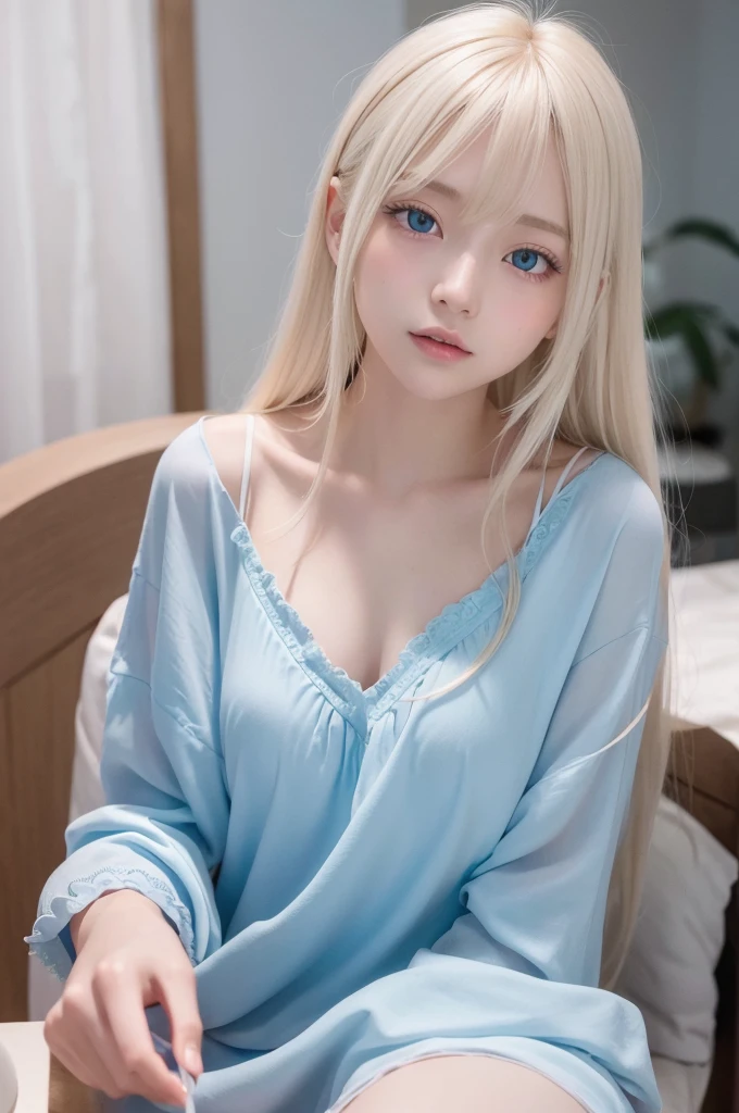 The most beautiful light blonde hair in the world、Bright expression、Beautiful Bangs、Super long straight hair、Beautiful, clear, bright light blue eyes、Sheer white and wet nightgown、European youth、Perfect body、The ultimate beauty、Perfect beauty、The cutest face in the world、The most beautiful 17 year old in the world、White and glowing skin、Perfect beautiful face、Bright makeup、Pale pink lips、One Girl、Unbuttoned shirt、lipstick、Deceptive advertising、{vapor}、Viewer&#39;s vision、Golden Hour Lighting、Comic Strip、Bokeh Atmosphere Perspective、Detailed Video Lite、Intricate details、High resolution、 Detailed features of the face design、Advanced Details、Clear focus、Smoothness、aesthetics、Advanced Details、Printed、Octane、{{masterpiece}}