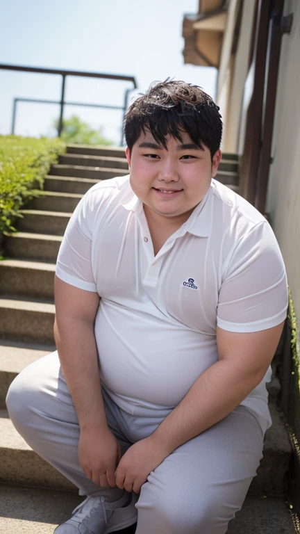 high quality,ultra detailed,best quality,Fat man,18 years old,detailed face,A white shirt that is see-through with sweat,school uniform,sitting on Stairs,full body,Sweaty,chubby,fat,smile,hands on own chest,wet skin,japanese,baby face,male,cowboy shot,front view,