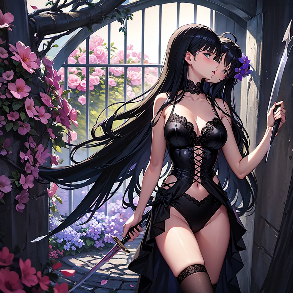 dark angel kissing flowers and sword