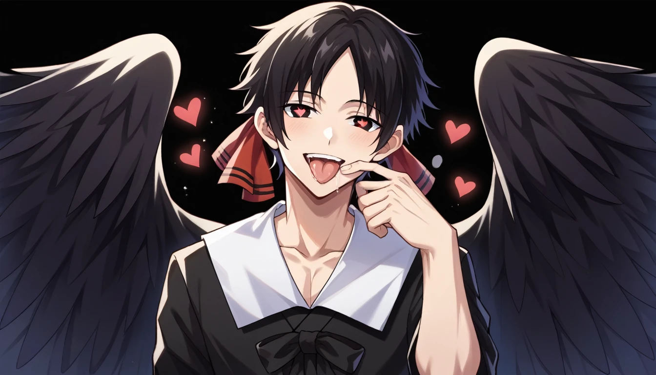 score_9, score_6_climb, source_anime, 1 man, alone, climbper body, Shinomiya Kaguya, conjunctivitis, black hair, black dress, white sailor collar,, Put your hand on your chin., Heart-shaped eyes, no pclimbils, smile softly, tooth, tsurime, black background , stick out your tongue, sexy, saliva, flirt, It has black wings., Hakama style kimono