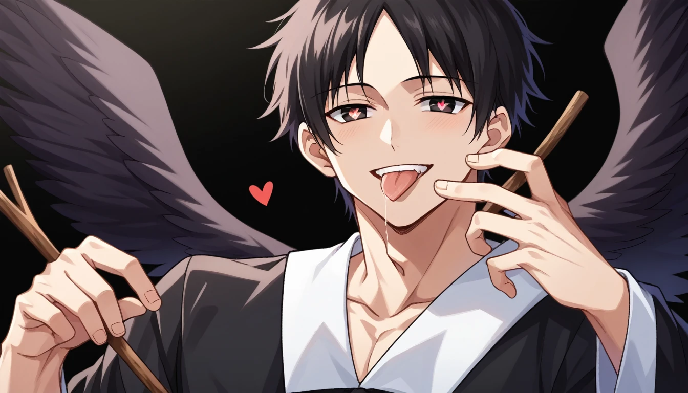 score_9, score_6_climb, source_anime, 1 man, alone, climbper body, Shinomiya Kaguya, conjunctivitis, black hair, black dress, white sailor collar,, Put your hand on your chin., Heart-shaped eyes, no pclimbils, smile softly, tooth, tsurime, black background , stick out your tongue, sexy, saliva, flirt, It has black wings., Hakama style kimono
