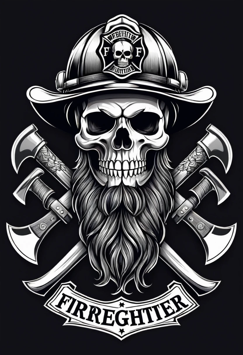 Vintage firefighter logo with crossed axes and bearded skull wearing firefighter helmet illustration, t shirt design, monochrome color, vector, ((black backdrop)) . awardwinning, proffesional, highy detailed