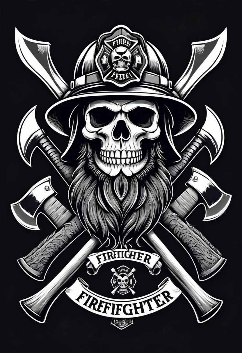 Vintage firefighter logo with crossed axes and bearded skull wearing firefighter helmet illustration, t shirt design, monochrome color, vector, ((black backdrop)) . awardwinning, proffesional, highy detailed